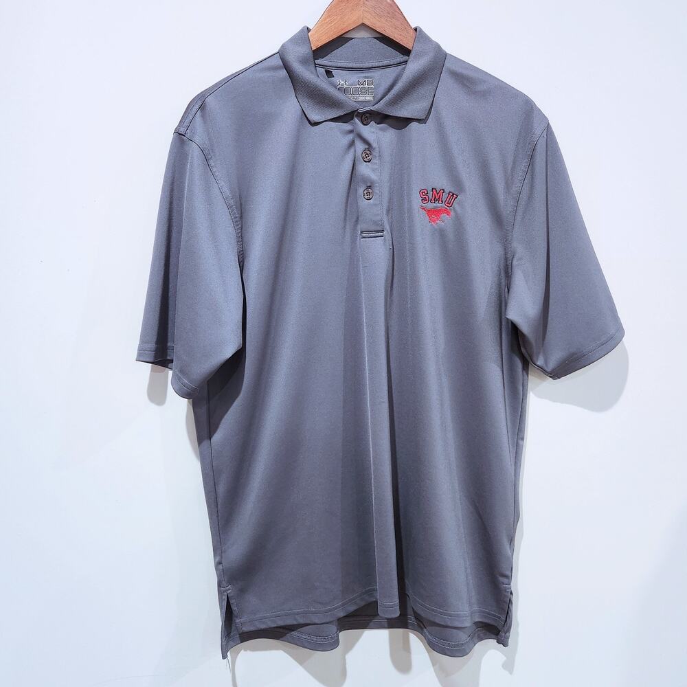 Under Armour Mens Gray Loose Fit Southern Methodist University Polo Size Medium